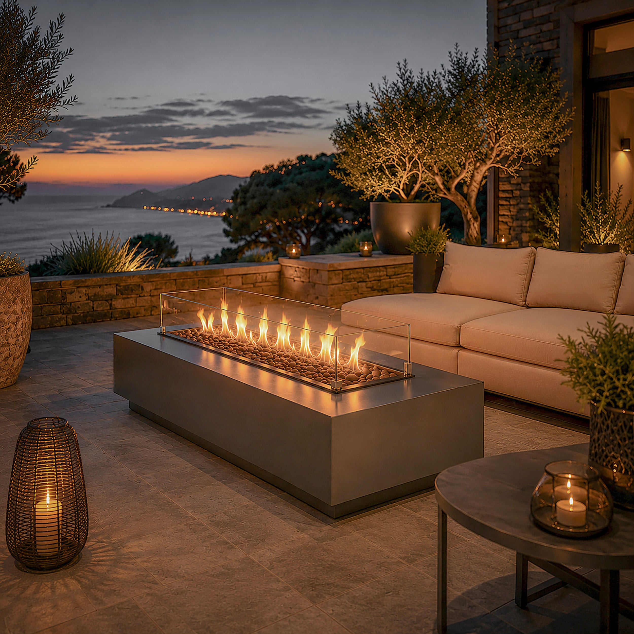 Aurora Flame luxe vuurtafel met glazen windscherm op een sfeervol verlicht terras met comfortabele loungeset en uitzicht op zee bij zonsondergang.
