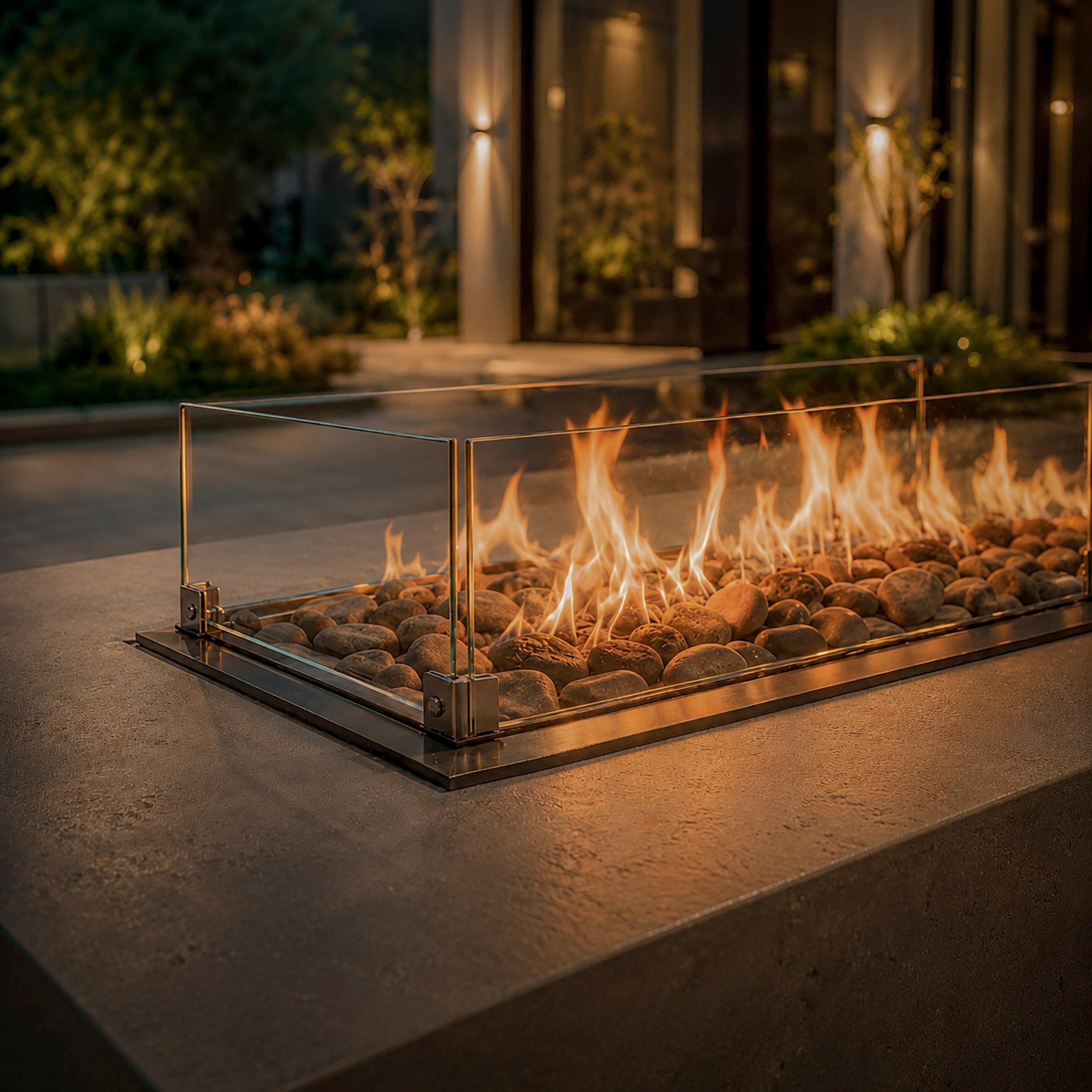 Detailopname van de Aurora Flame vuurtafel met glazen windscherm, natuurstenen vulling en elegante vlammen in een sfeervolle buitenomgeving.