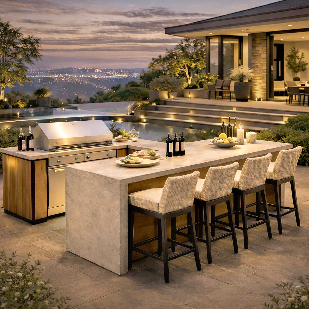 Luxe buitenkeuken met barbecue en bar in een moderne tuin tijdens de avond