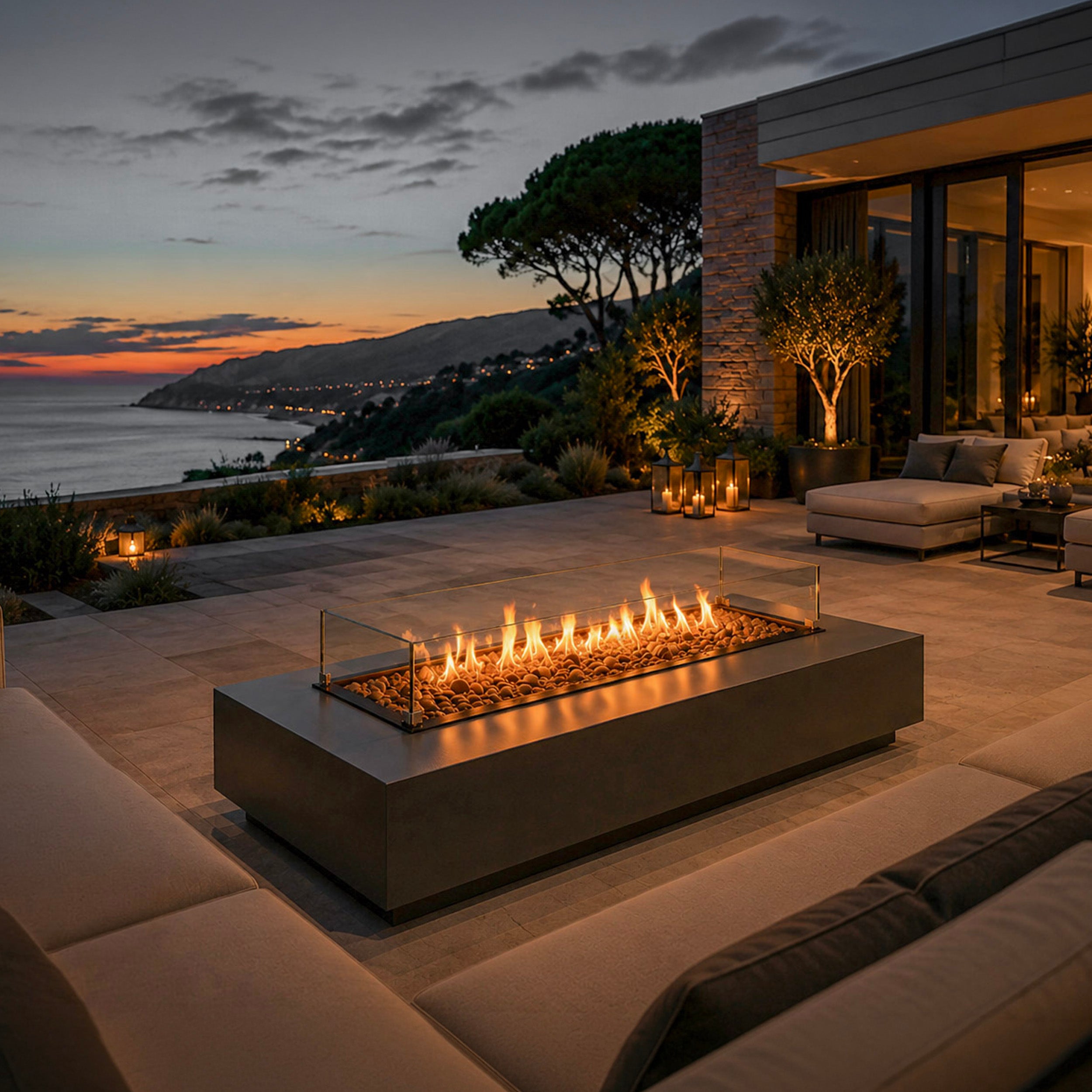 Aurora Flame luxe vuurtafel als centraal element op een modern terras met comfortabele loungesets, sfeervolle verlichting en uitzicht op zee tijdens zonsondergang.