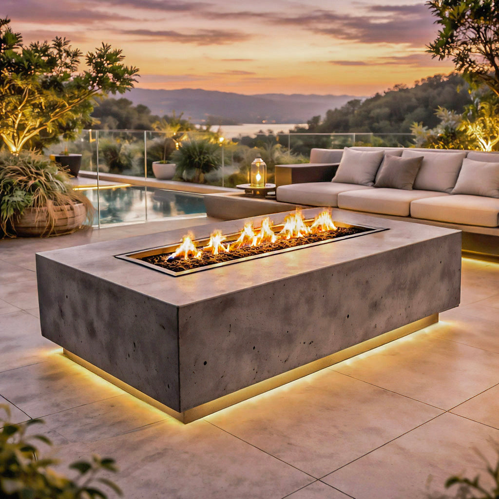 Luxe betonnen vuurtafel op gas voor buiten in een moderne tuin tijdens de avond