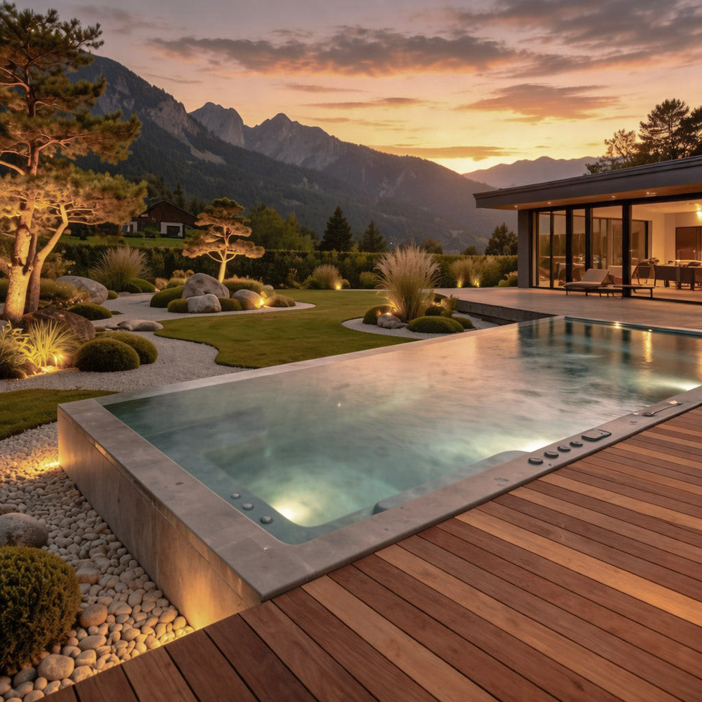 Luxe buiten spa jacuzzi in een moderne tuin met rustgevende wellness uitstraling bij zonsondergang
