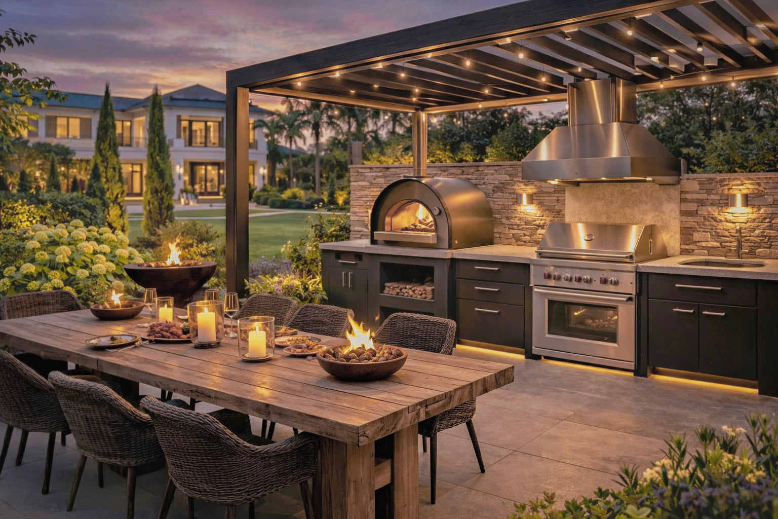 Luxe buitenkeuken met overkapping, pizzaoven en barbecue in een moderne tuin tijdens de avond