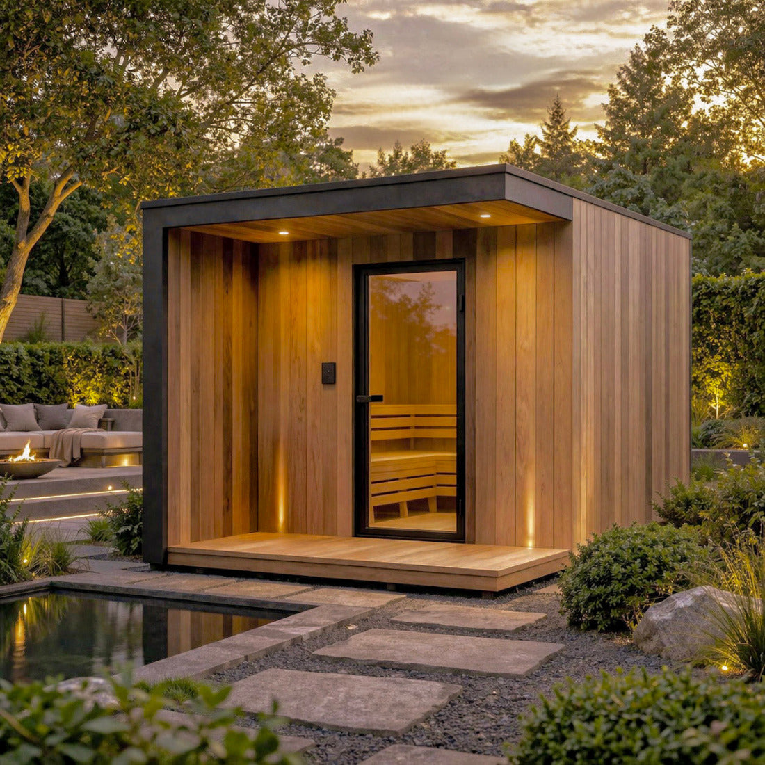 Luxe houten buitensauna in een moderne tuin met rustige wellness uitstraling